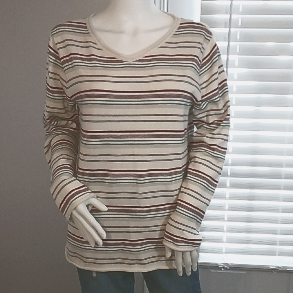 Liz Claiborne Basic Women's Striped Pullover Long Sleeves V Neck Knit Blouse